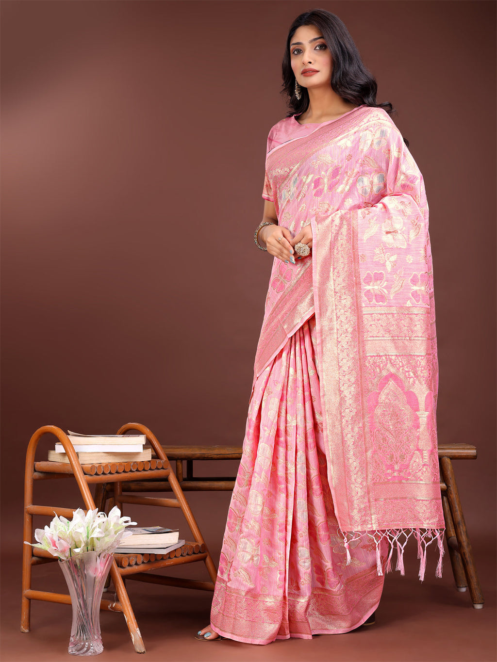 Pink Cotton Saree with Golden Zari Work and Detailed Pallu
