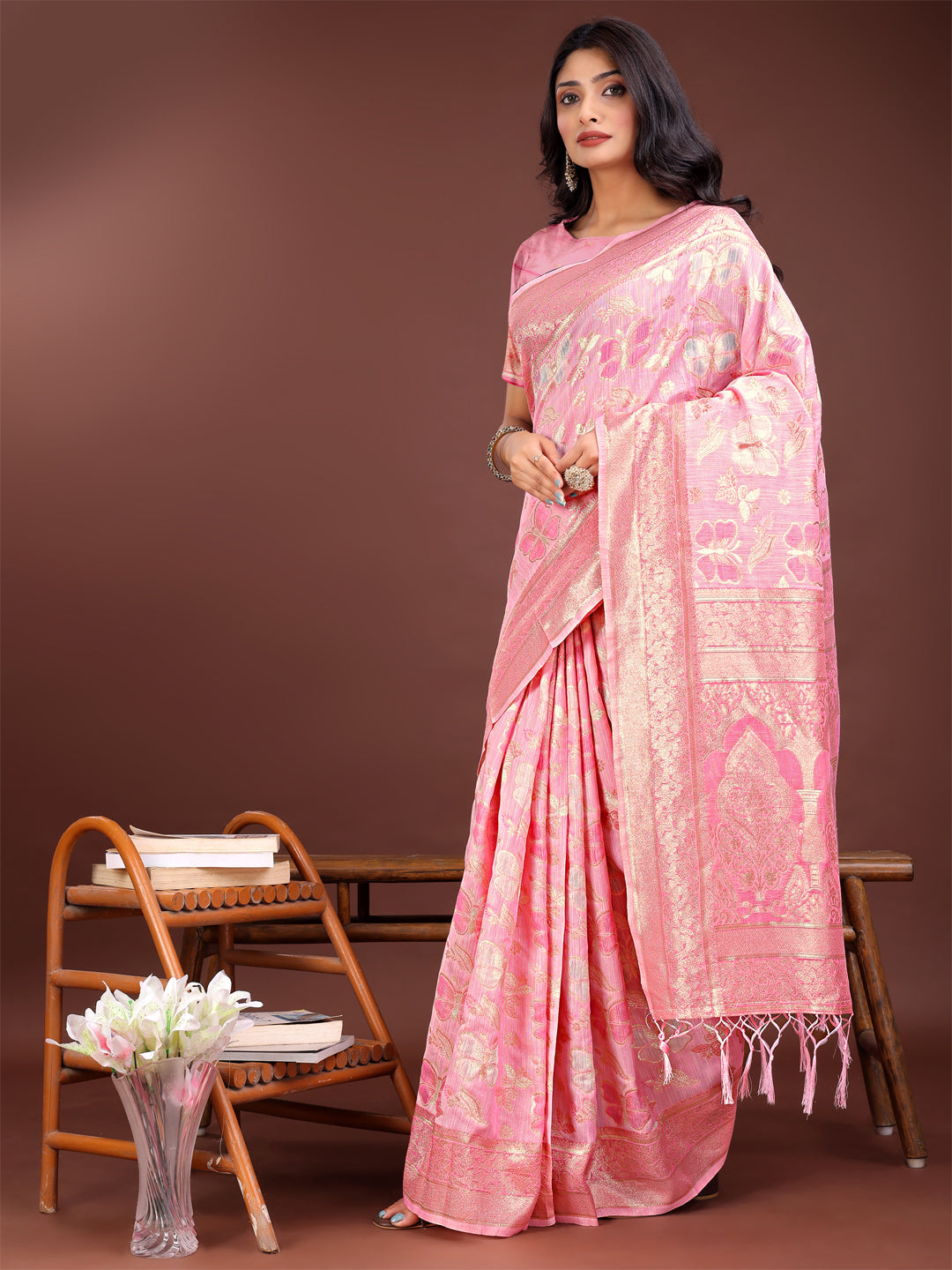 Pink Cotton Saree with Golden Zari Work and Detailed Pallu