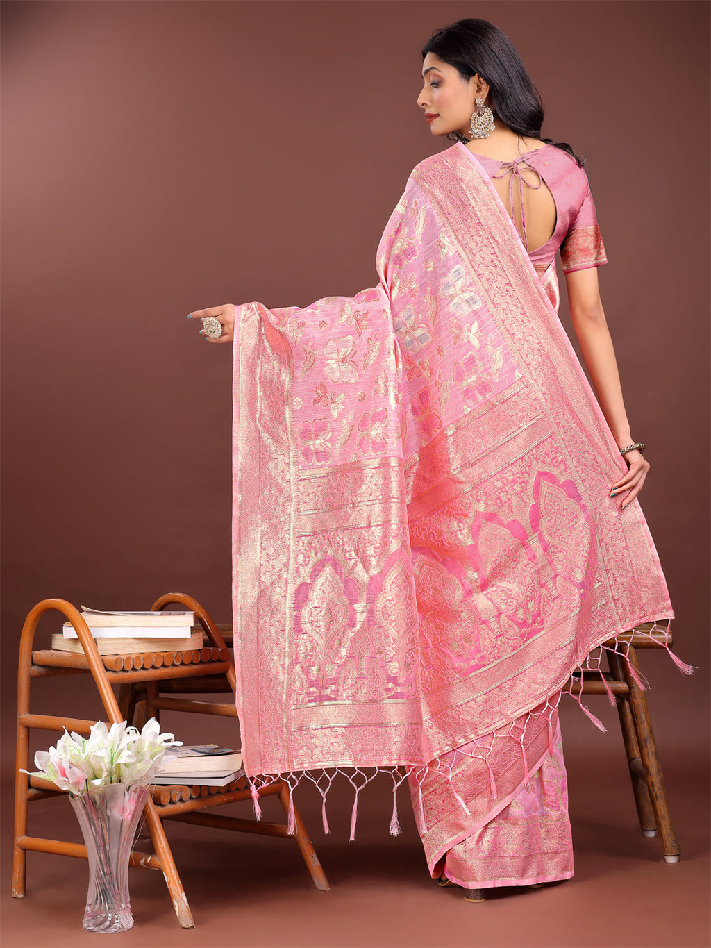 Pink Cotton Saree with Golden Zari Work and Detailed Pallu