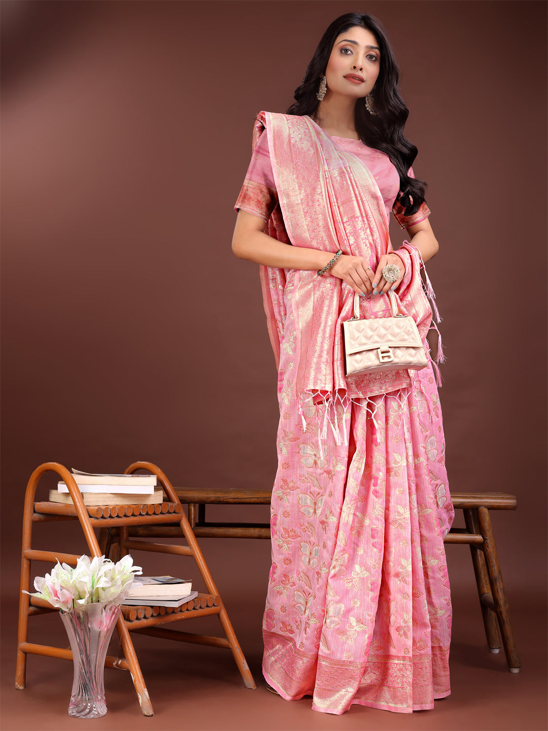 Pink Cotton Saree with Golden Zari Work and Detailed Pallu