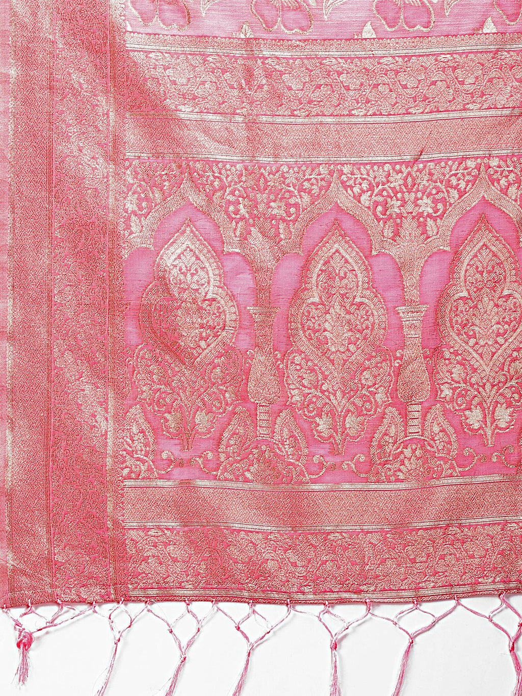 Pink Cotton Saree with Golden Zari Work and Detailed Pallu