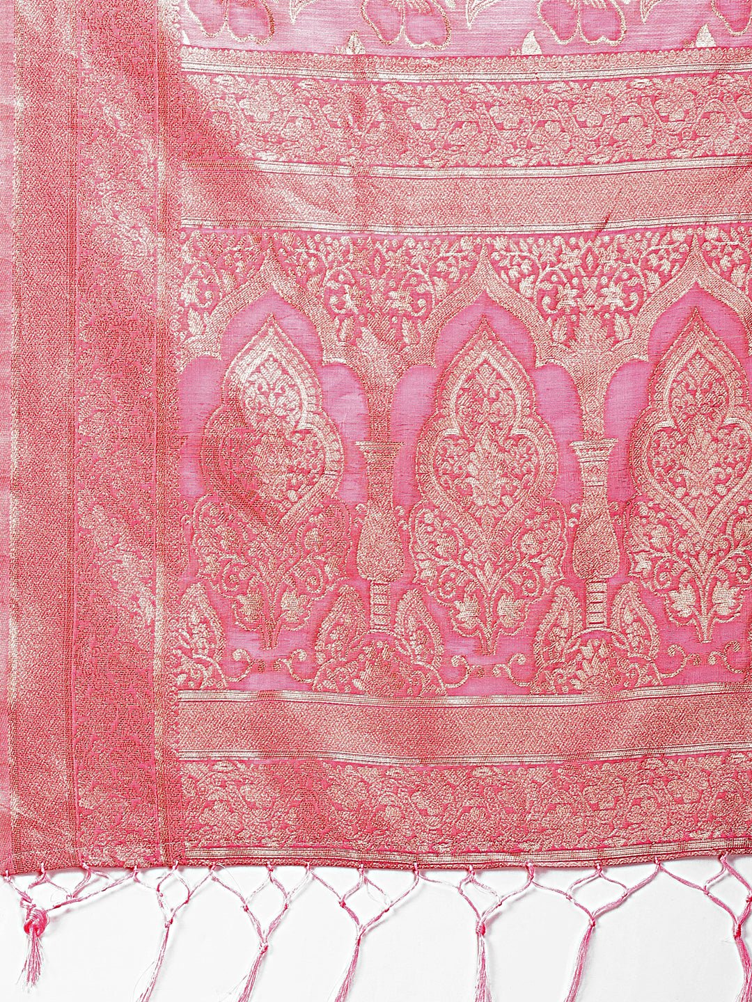 Pink Cotton Saree with Golden Zari Work and Detailed Pallu