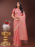 Peach linen cotton saree with pastel floral weave and soft gold pallu