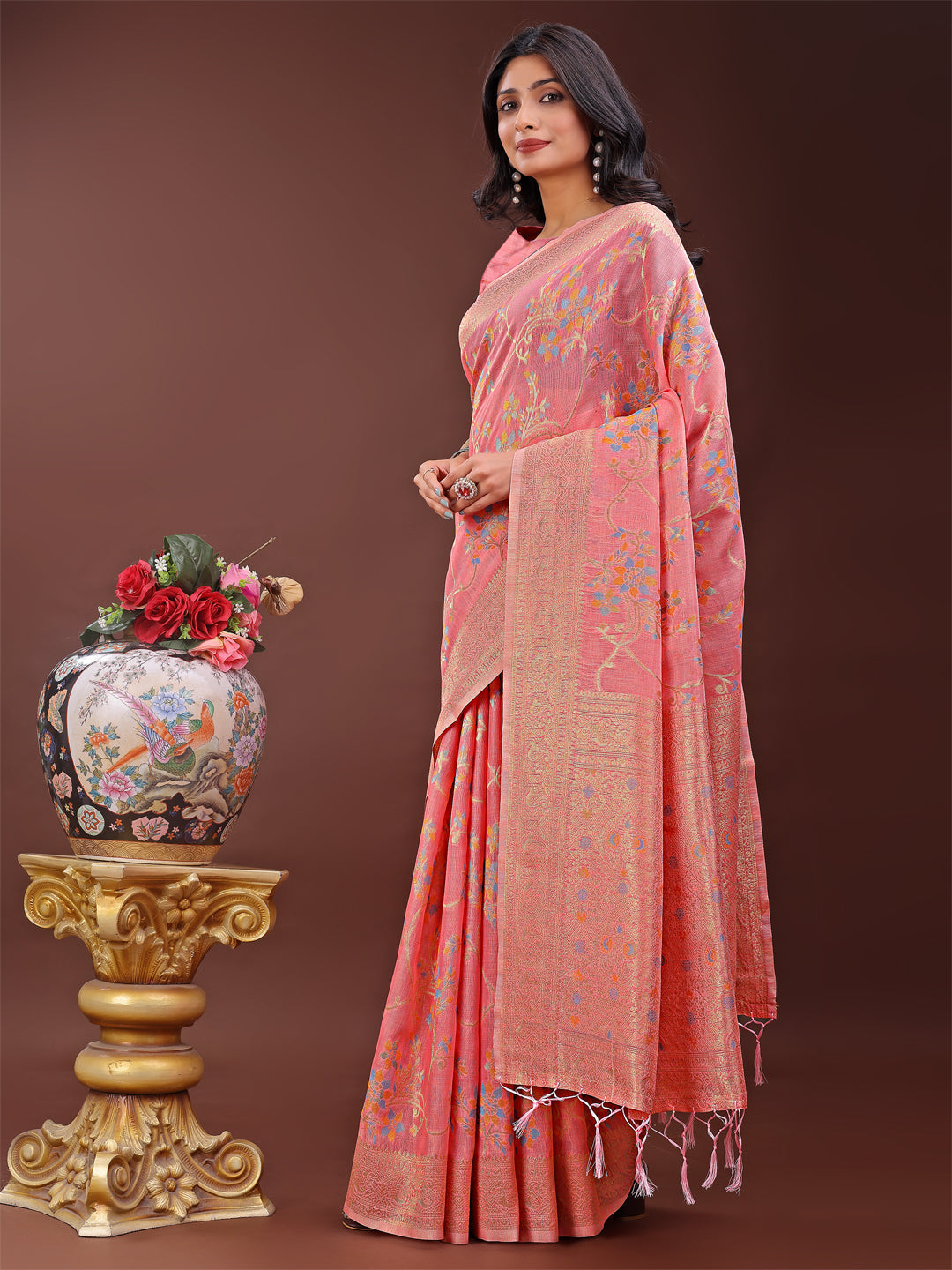 Peach Linen Cotton Saree with Floral Weave and Soft Gold Pallu
