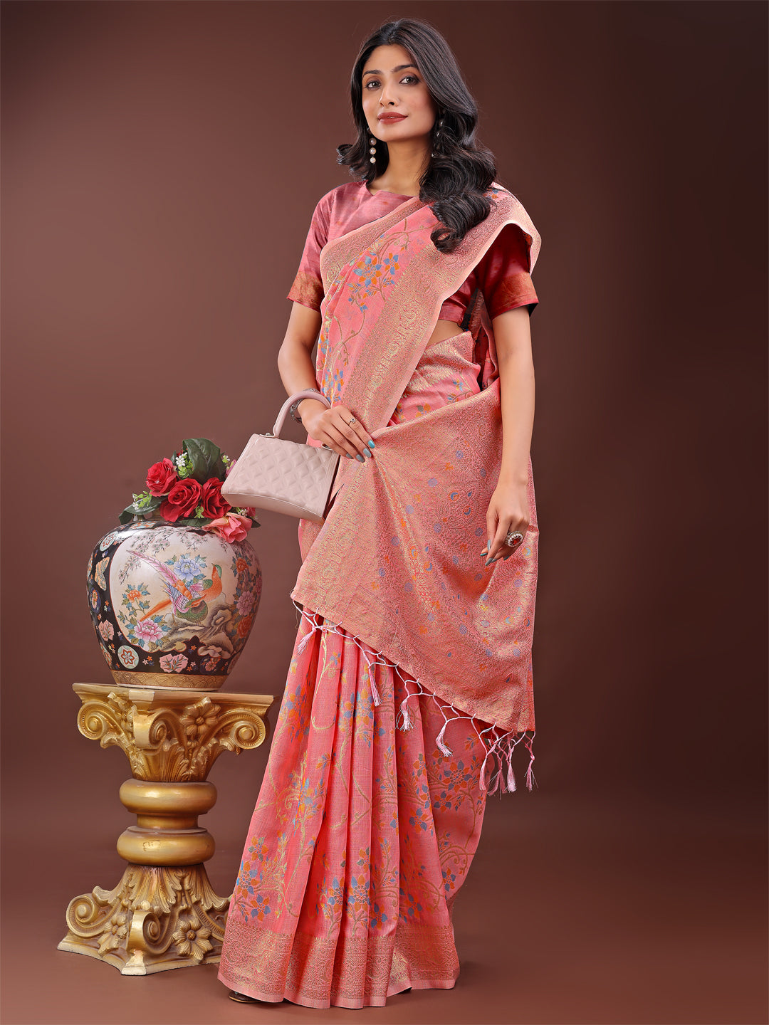 Peach Linen Cotton Saree with Floral Weave and Soft Gold Pallu