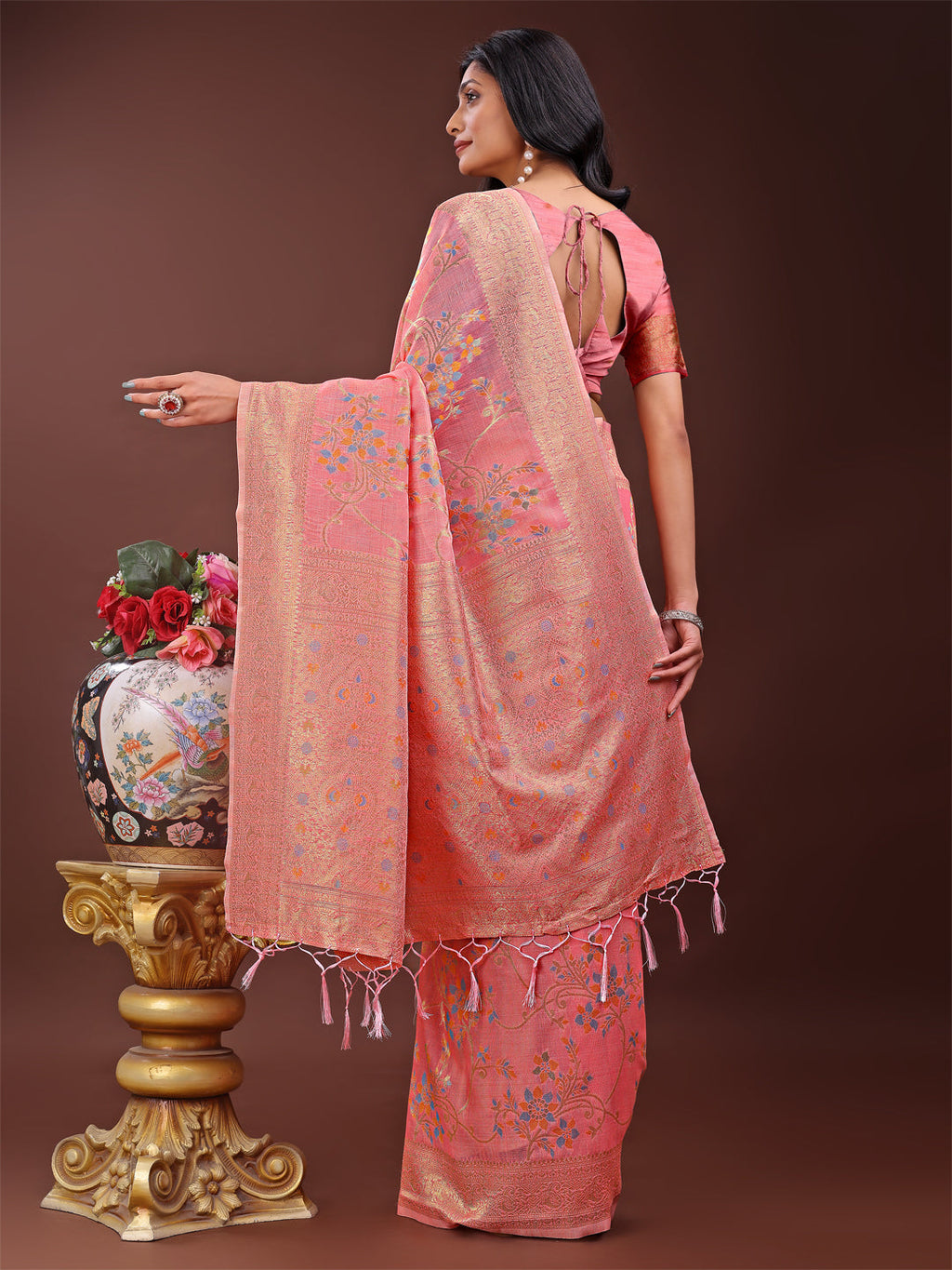 Peach Linen Cotton Saree with Floral Weave and Soft Gold Pallu