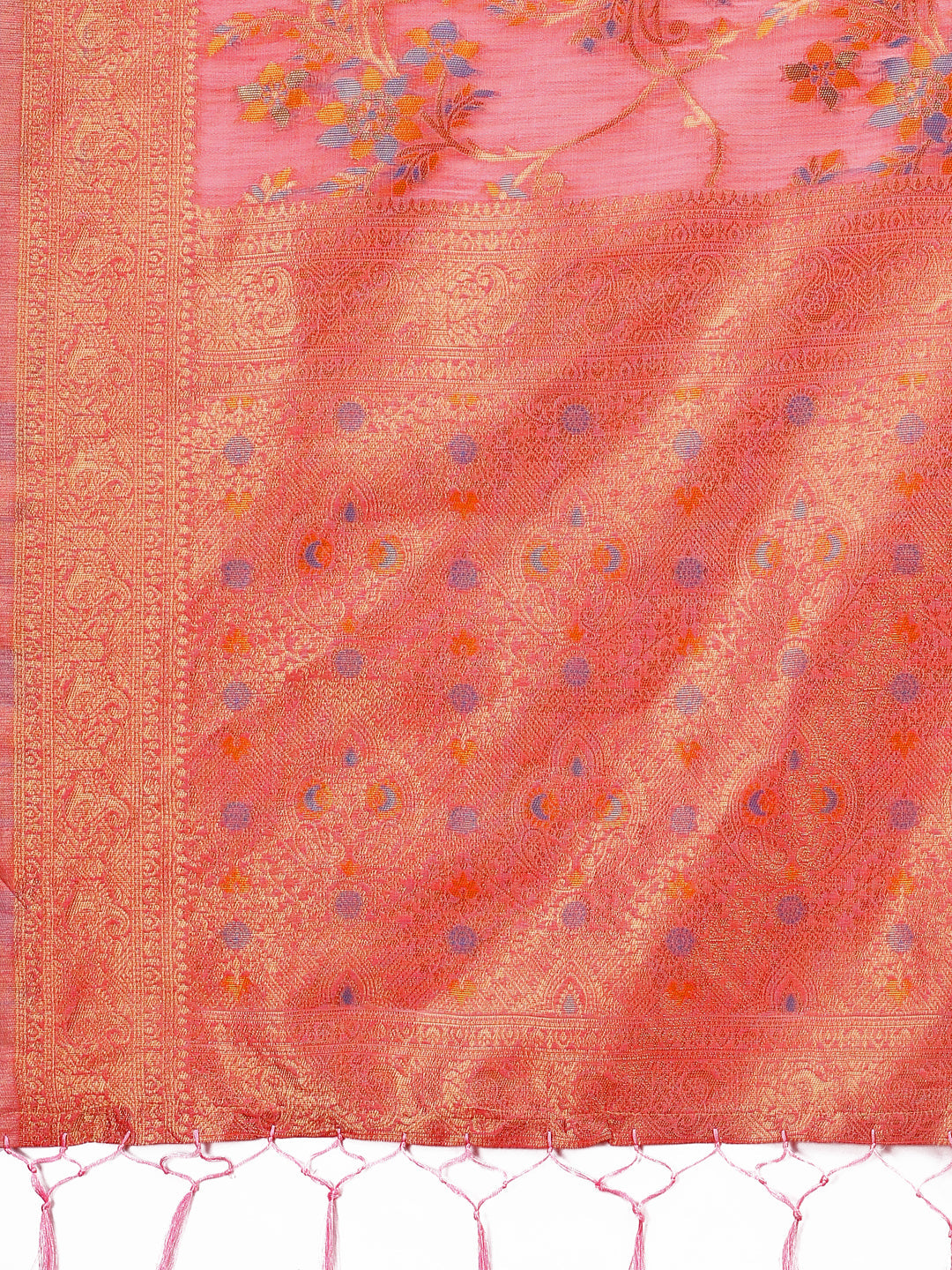 Peach Linen Cotton Saree with Floral Weave and Soft Gold Pallu