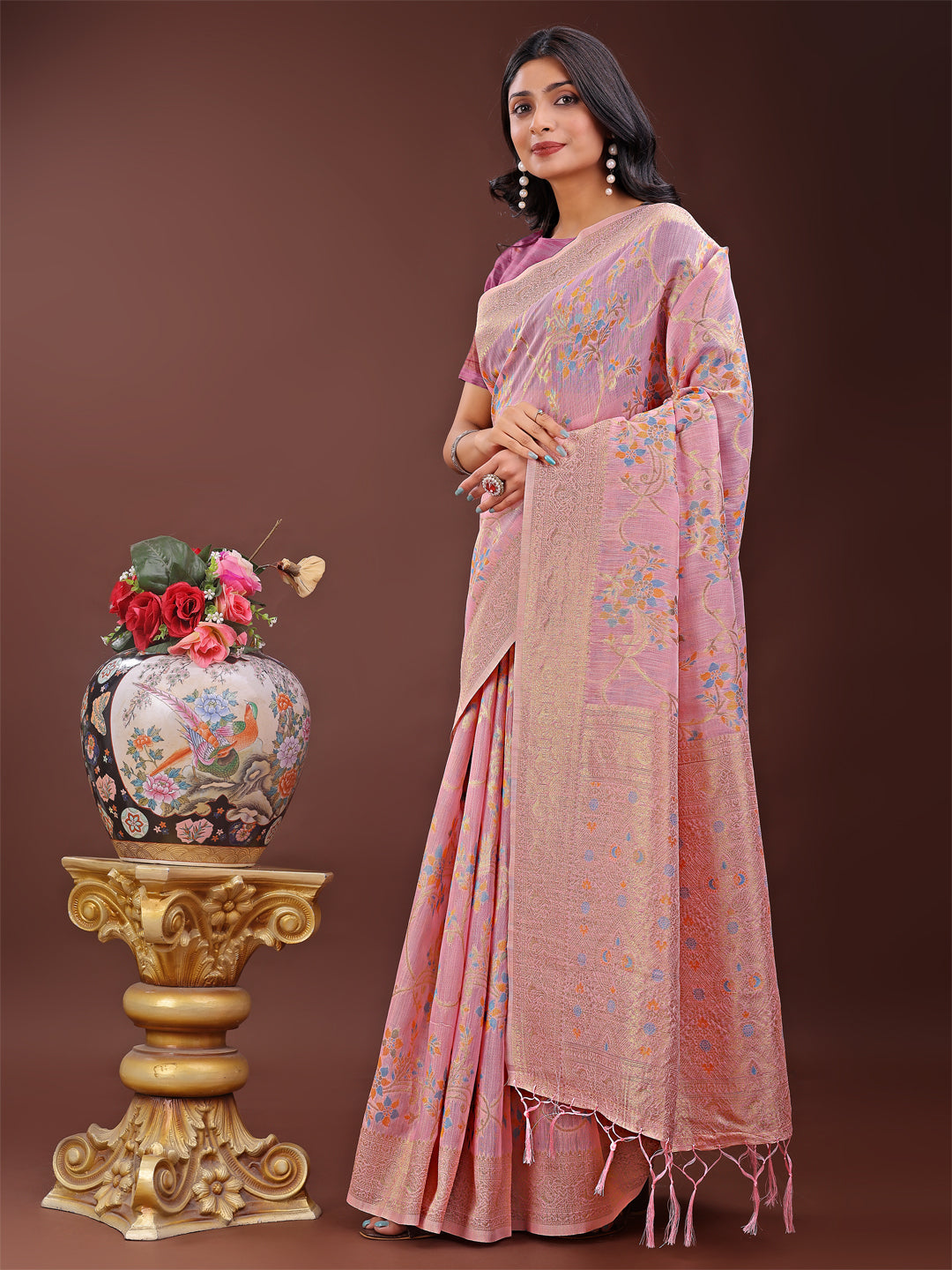Light Pink Linen Cotton Saree with Floral Weave and Gold Pallu