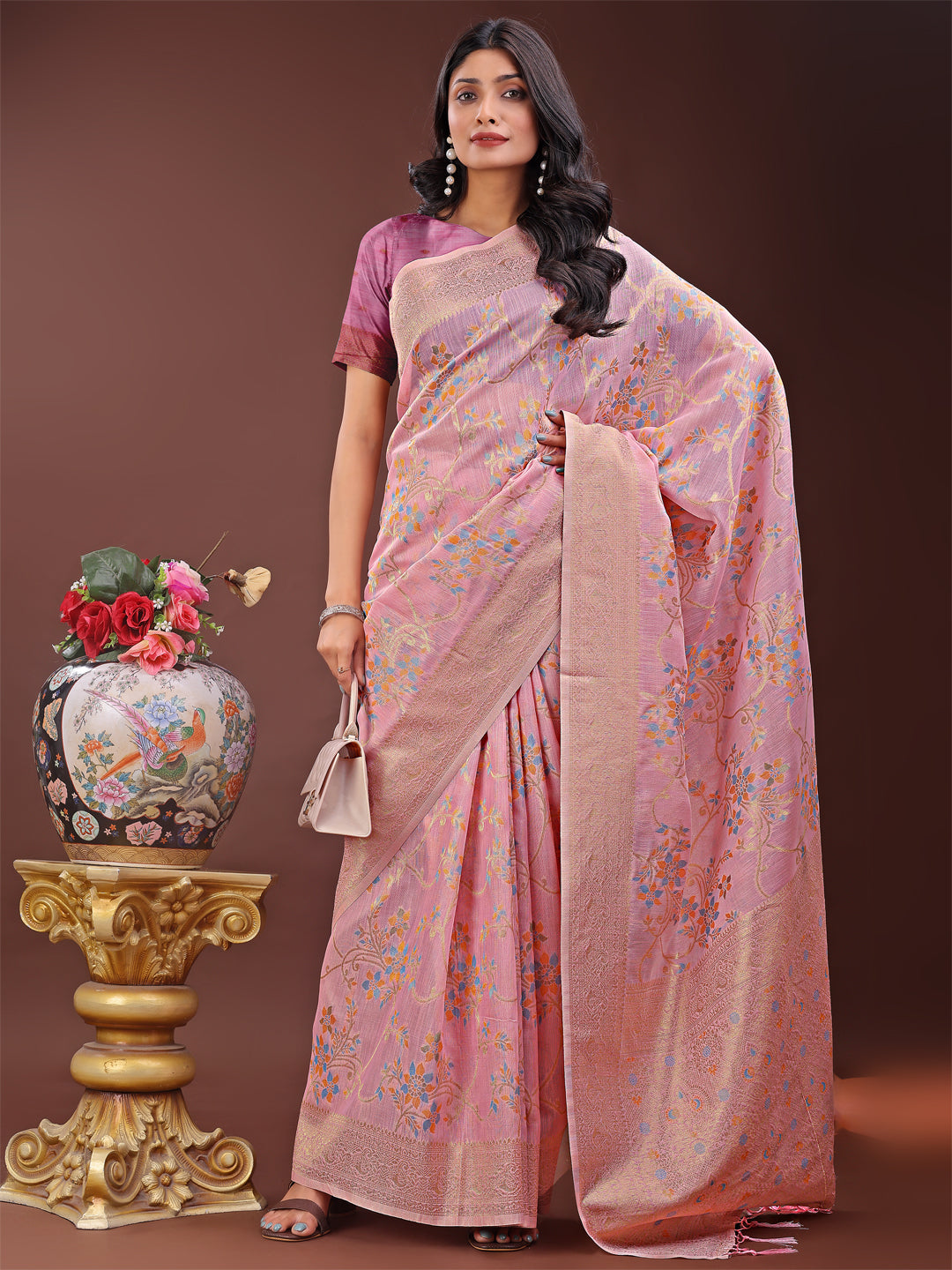 Light Pink Linen Cotton Saree with Floral Weave and Gold Pallu