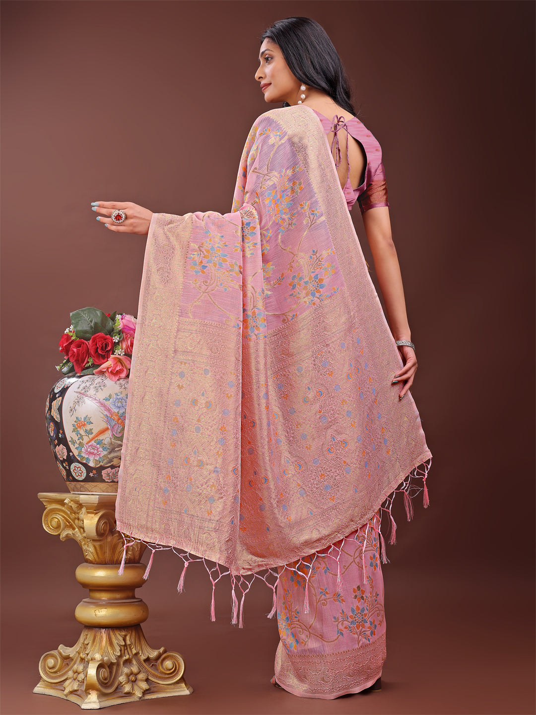 Light Pink Linen Cotton Saree with Floral Weave and Gold Pallu