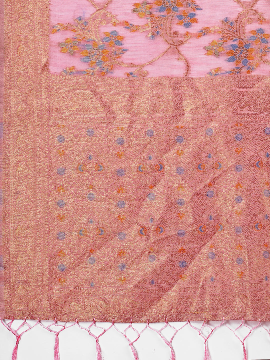 Light Pink Linen Cotton Saree with Floral Weave and Gold Pallu