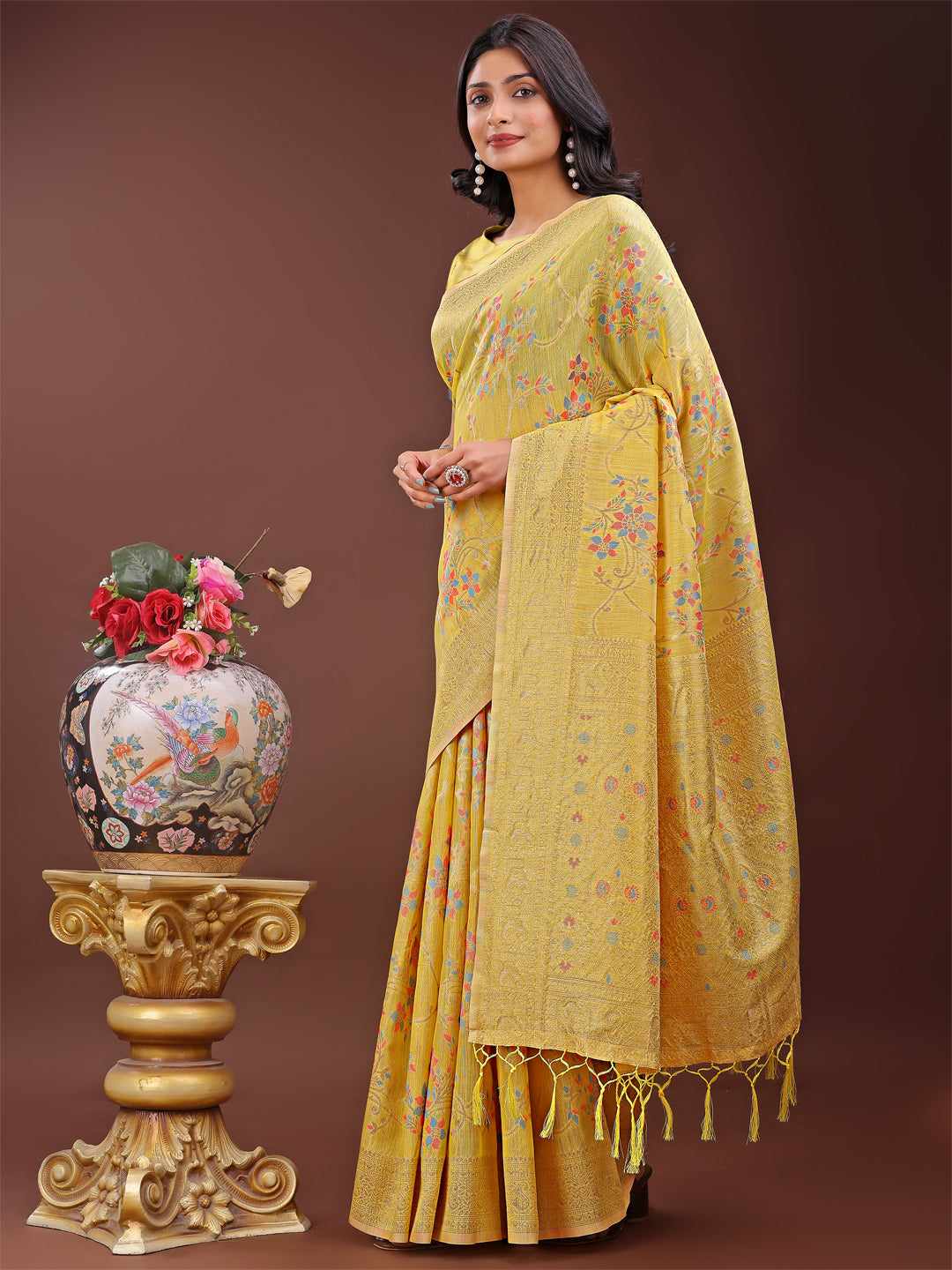 Yellow Linen Cotton Saree with Floral Weave and Gold Pallu