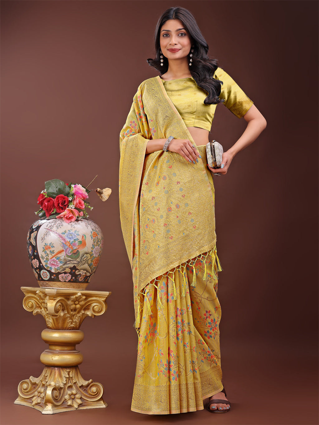 Yellow Linen Cotton Saree with Floral Weave and Gold Pallu