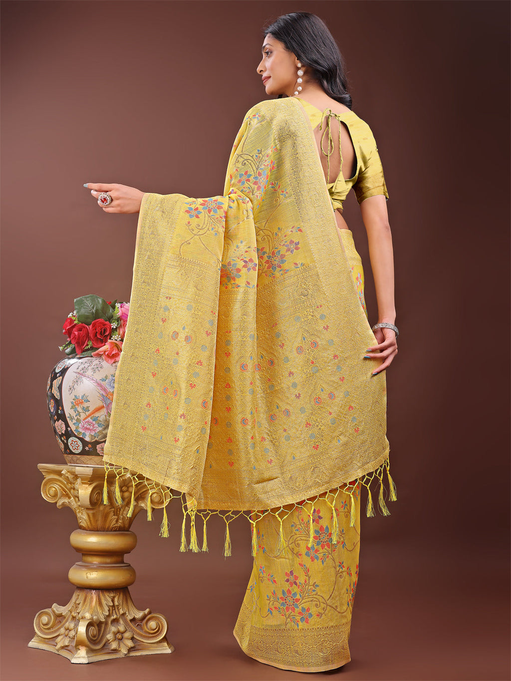 Yellow Linen Cotton Saree with Floral Weave and Gold Pallu