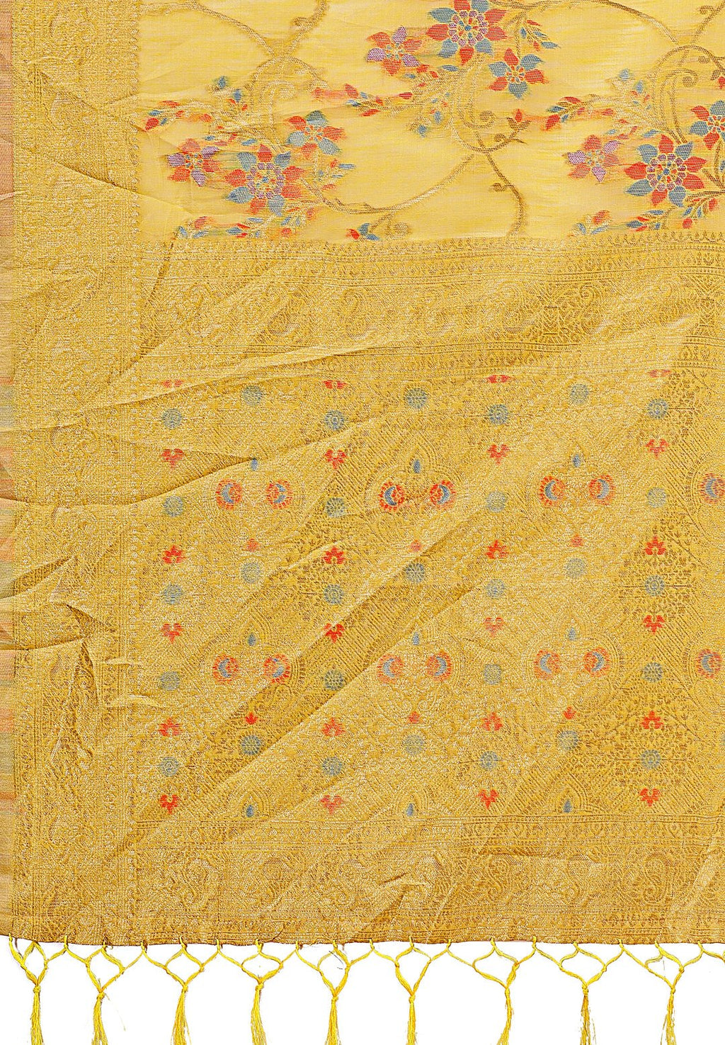 Yellow Linen Cotton Saree with Floral Weave and Gold Pallu