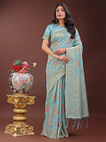 Light Blue linen cotton saree with pastel floral motifs and gold pallu
