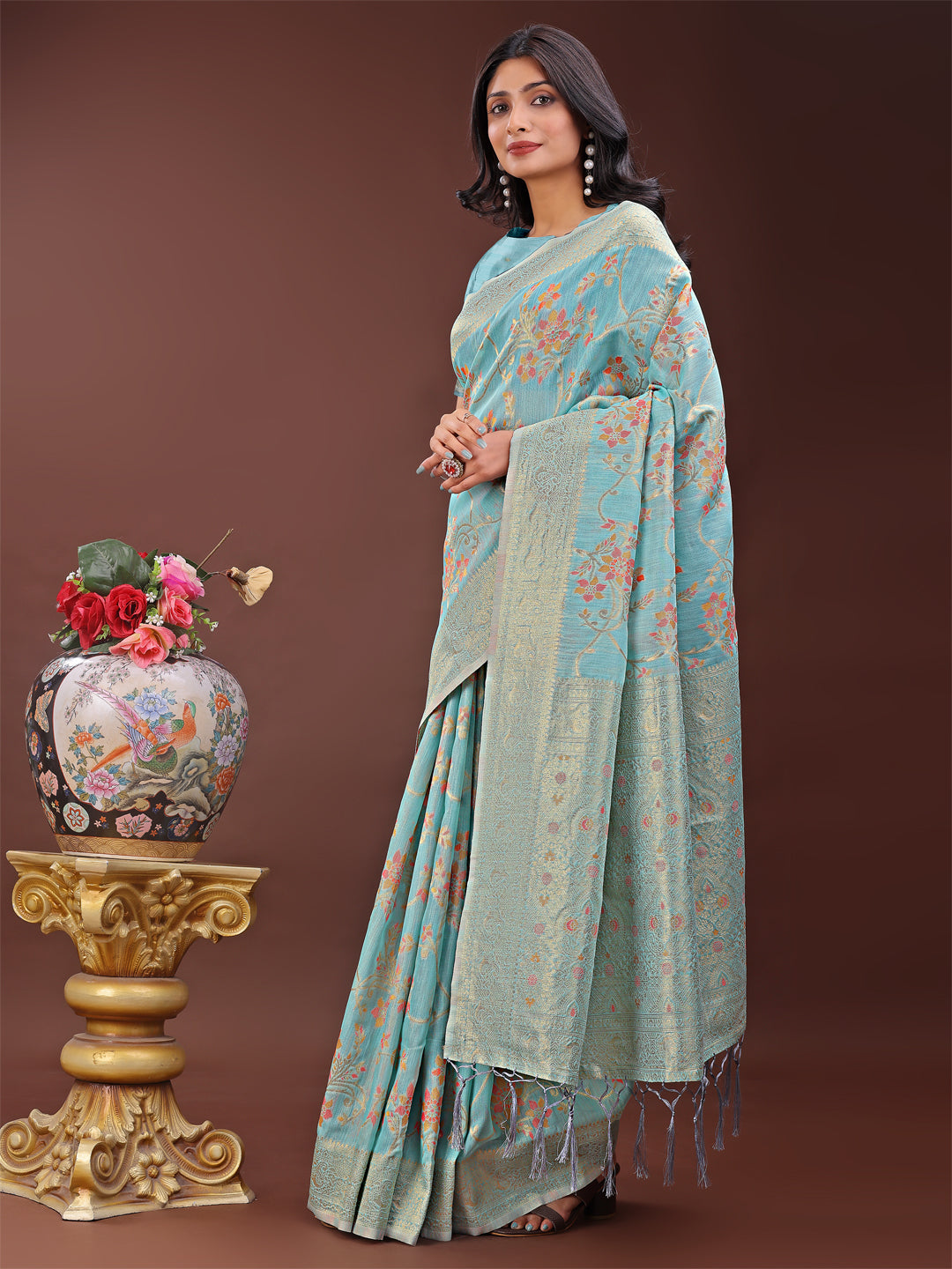 Light Blue Linen Cotton Saree with Floral Weave and Gold Pallu