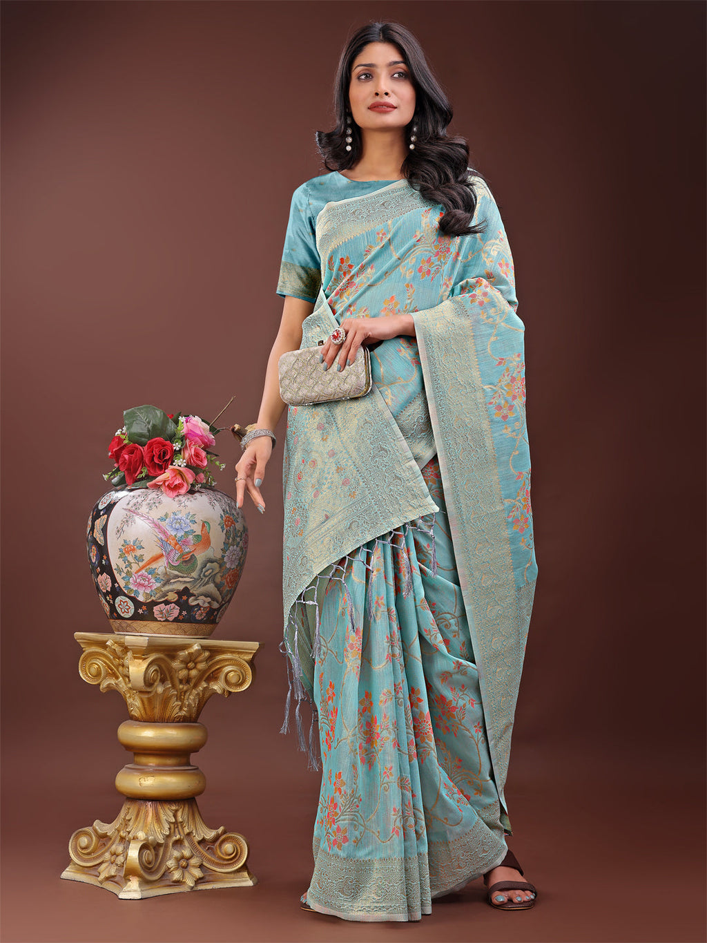 Light Blue Linen Cotton Saree with Floral Weave and Gold Pallu