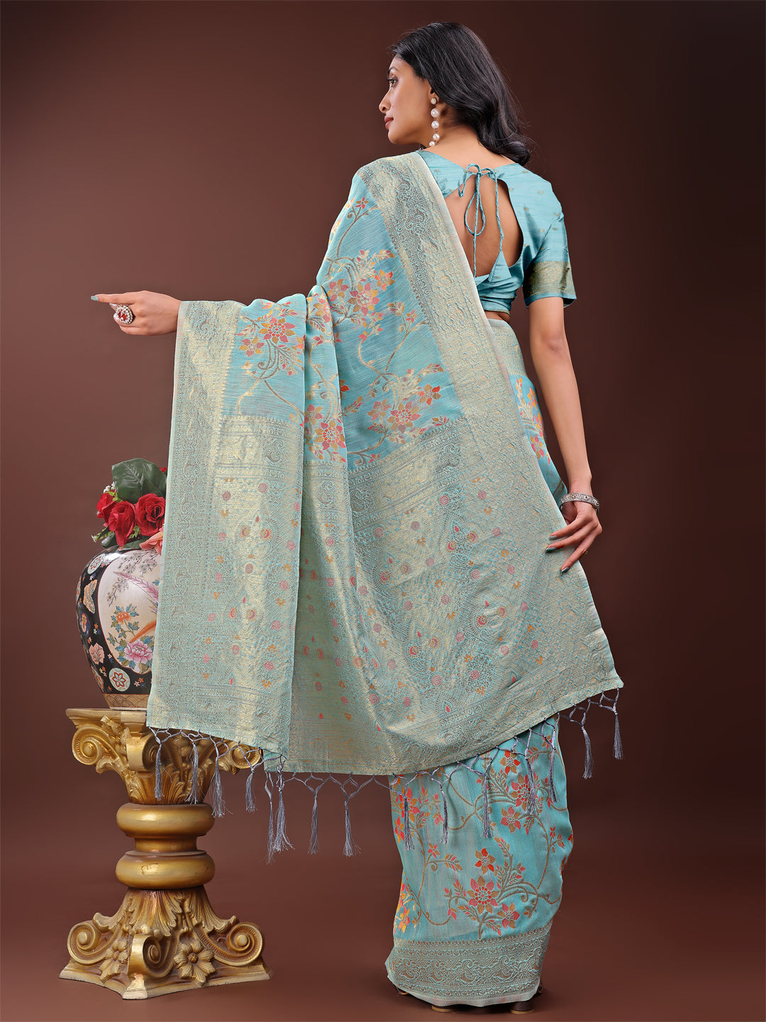 Light Blue Linen Cotton Saree with Floral Weave and Gold Pallu
