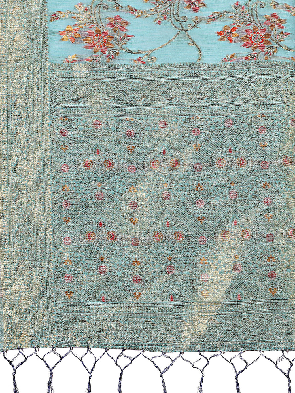 Light Blue Linen Cotton Saree with Floral Weave and Gold Pallu