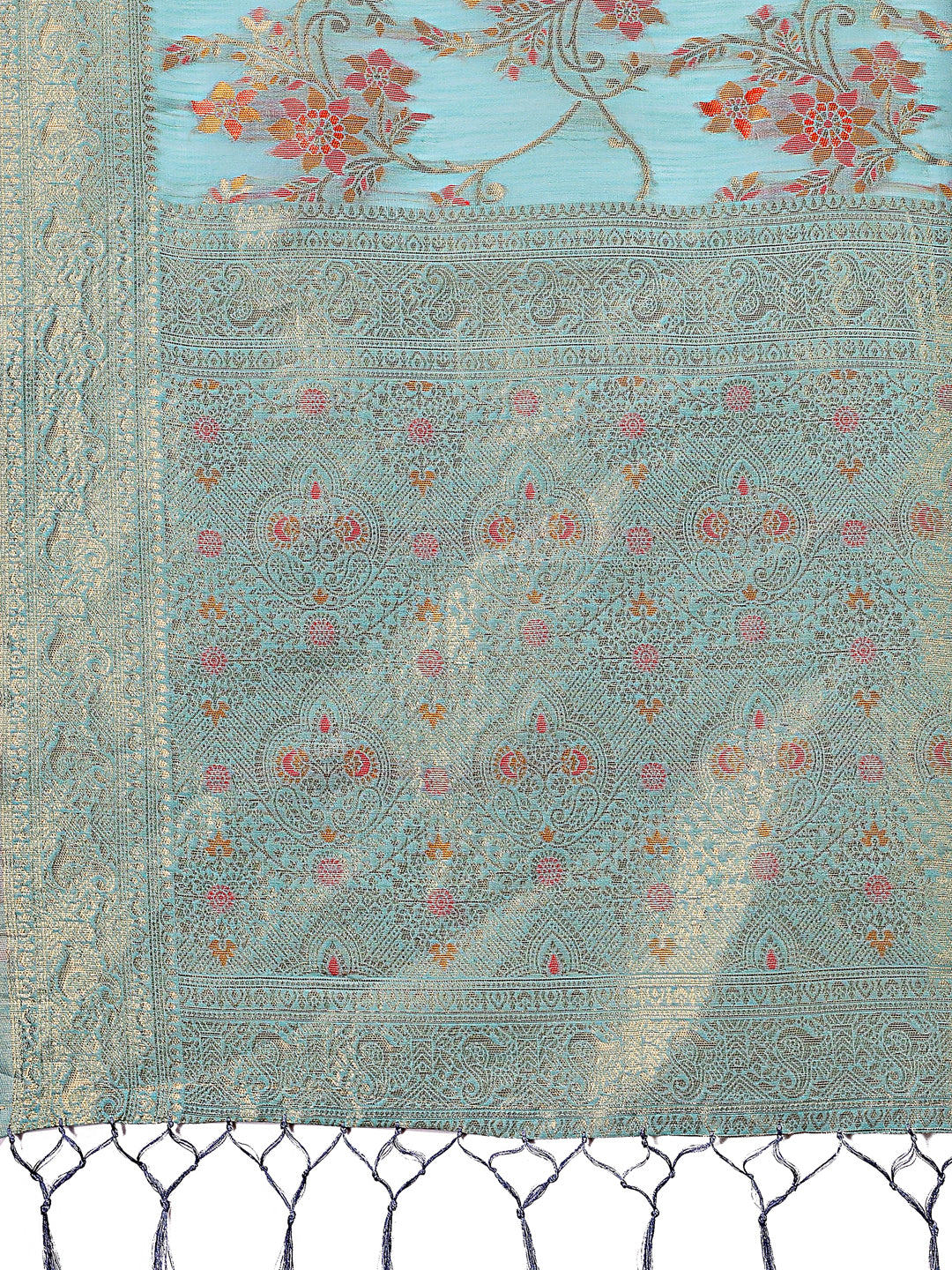 Light Blue Linen Cotton Saree with Floral Weave and Gold Pallu