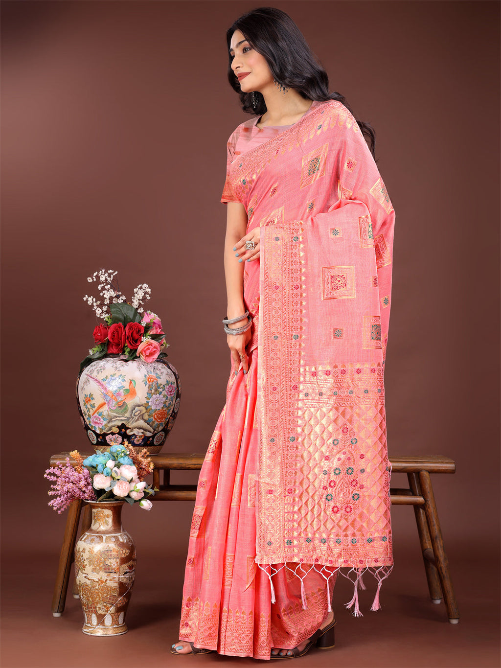 Peach Linen Saree with Intricate Woven Motifs and Pallu