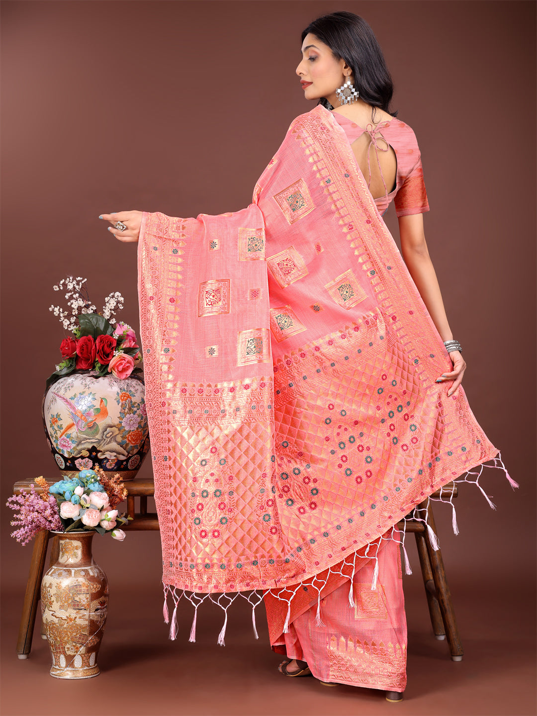Peach Linen Saree with Intricate Woven Motifs and Pallu