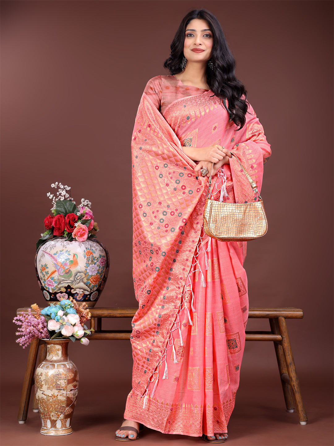 Peach Linen Saree with Intricate Woven Motifs and Pallu