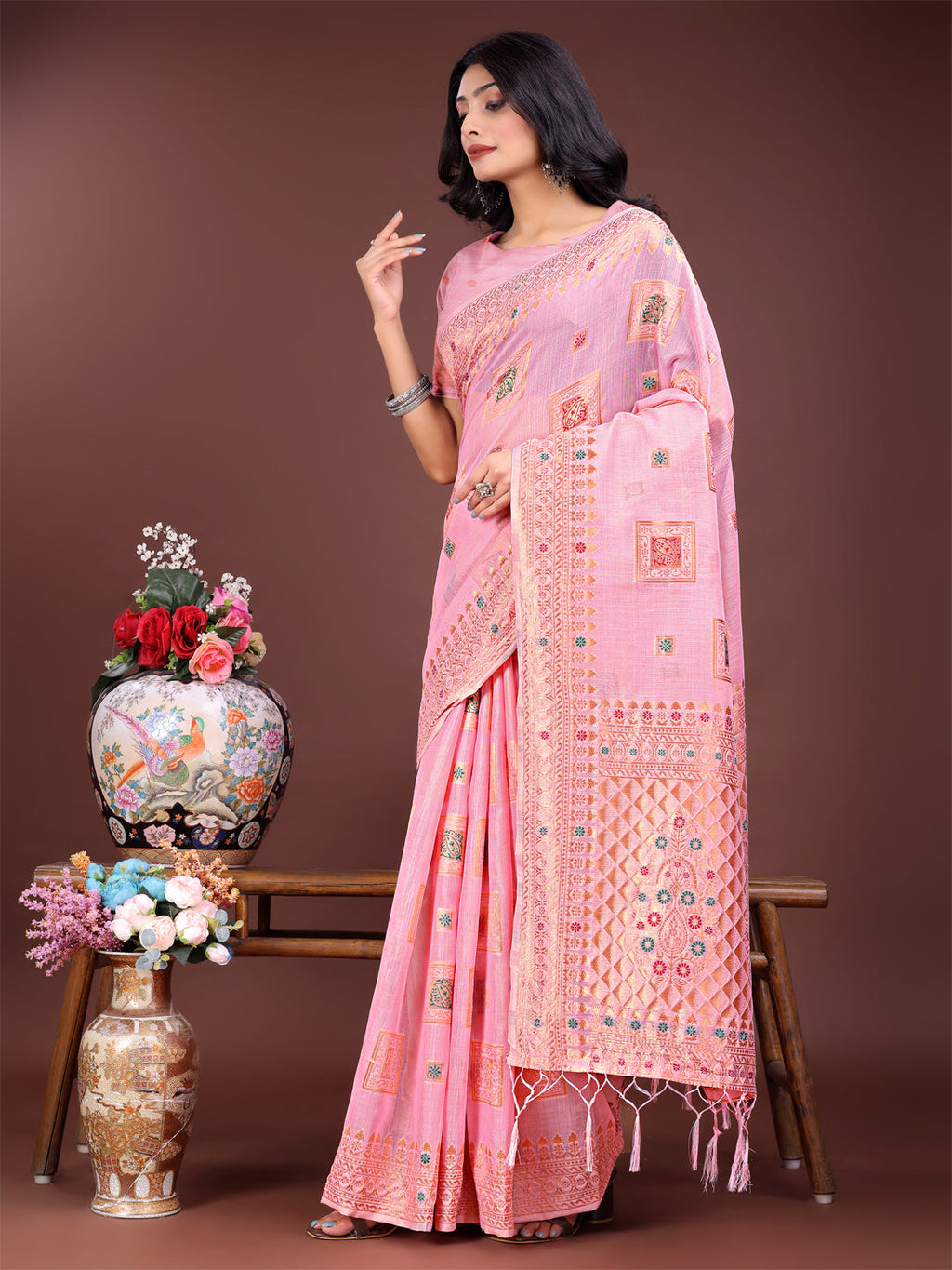 Elegant Light Pink Linen Saree with Intricate Woven Motifs