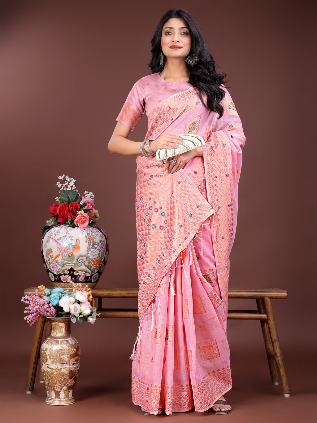 Elegant Light Pink Linen Saree with Intricate Woven Motifs