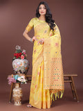Yellow linen saree featuring intricate woven patterns and a detailed pallu