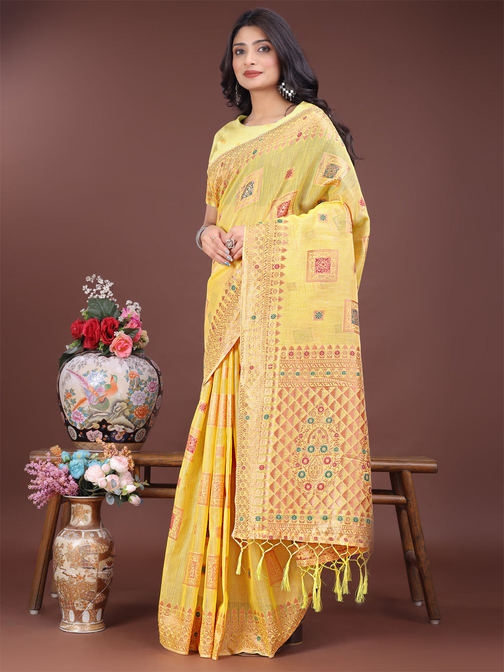 Yellow Linen Saree with Intricate Woven Patterns