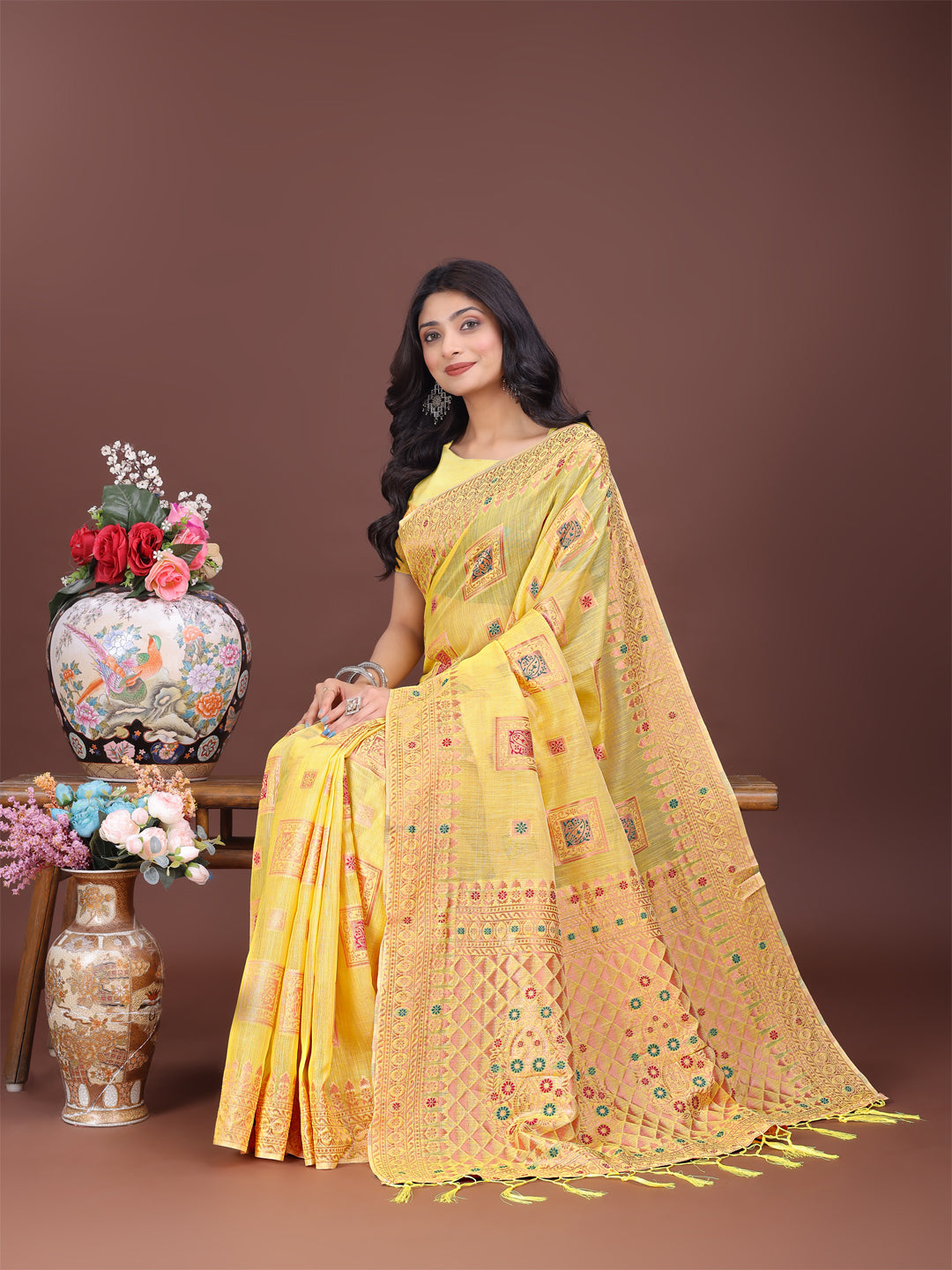 Yellow Linen Saree with Intricate Woven Patterns