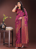 A majestic purple Banarasi silk saree with intricate golden zari motifs and a luxurious finish.
