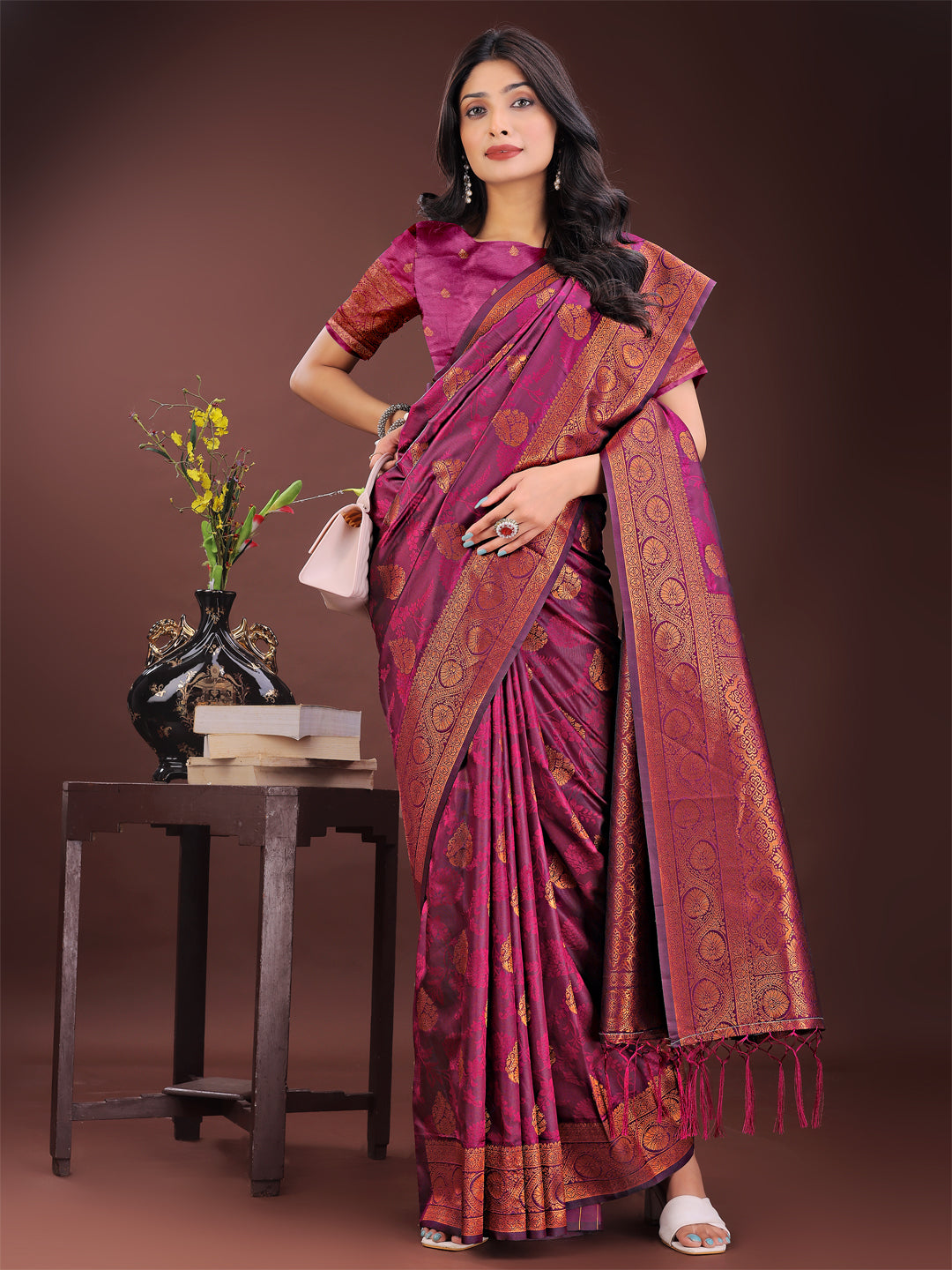 Majestic Purple Banarasi Silk Saree with Golden Zari
