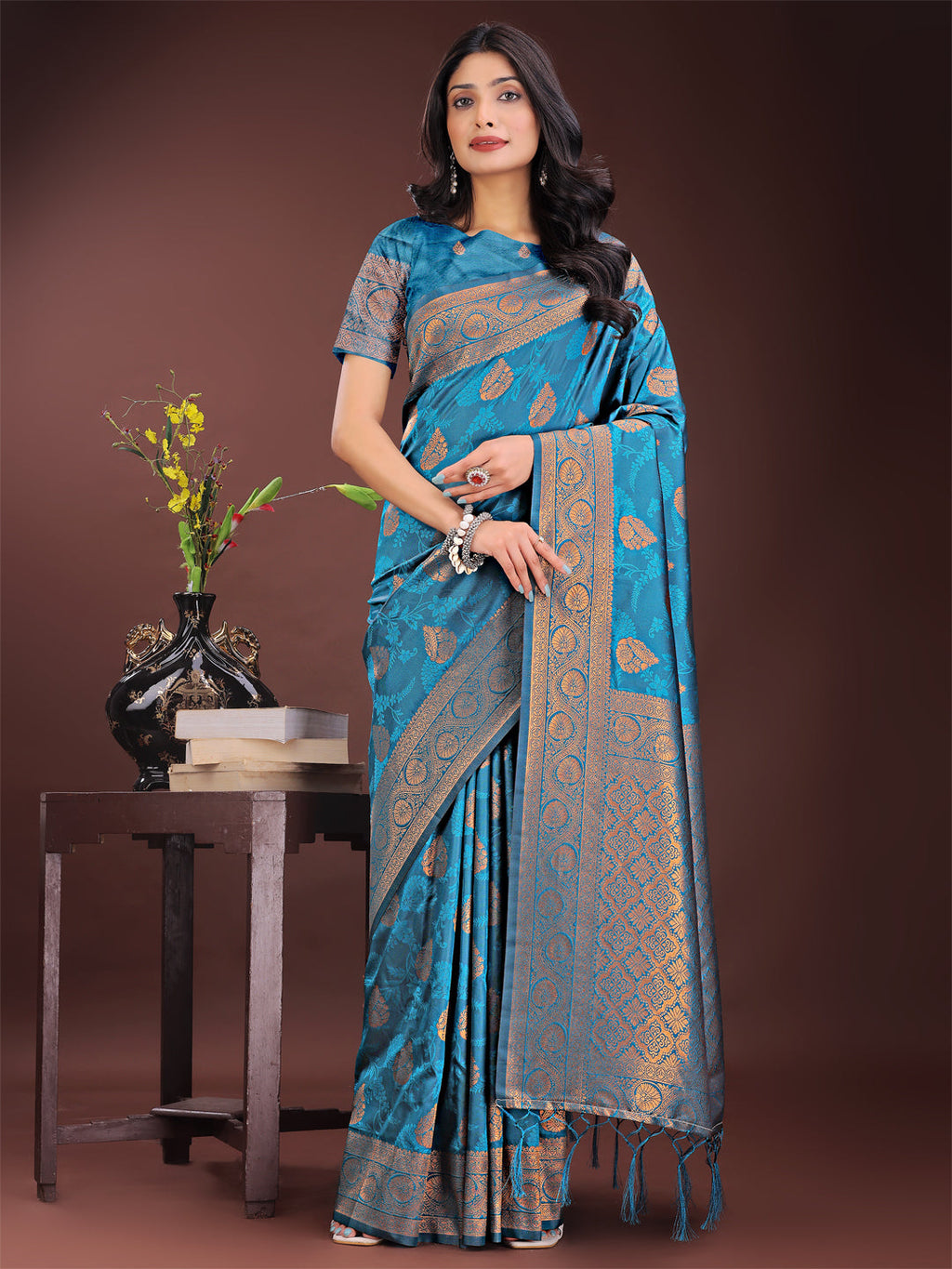 Majestic Teal Banarasi Silk Saree featuring intricate golden zari motifs
