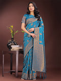 Majestic Teal Banarasi Silk Saree featuring intricate golden zari motifs