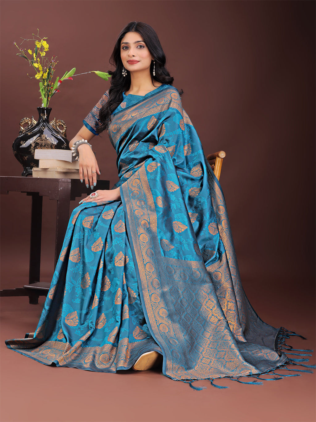 Majestic Teal Banarasi Silk Saree with Golden Zari Motifs