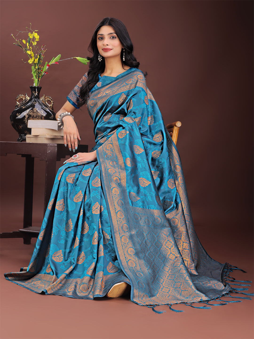 Majestic Teal Banarasi Silk Saree with Golden Zari Motifs
