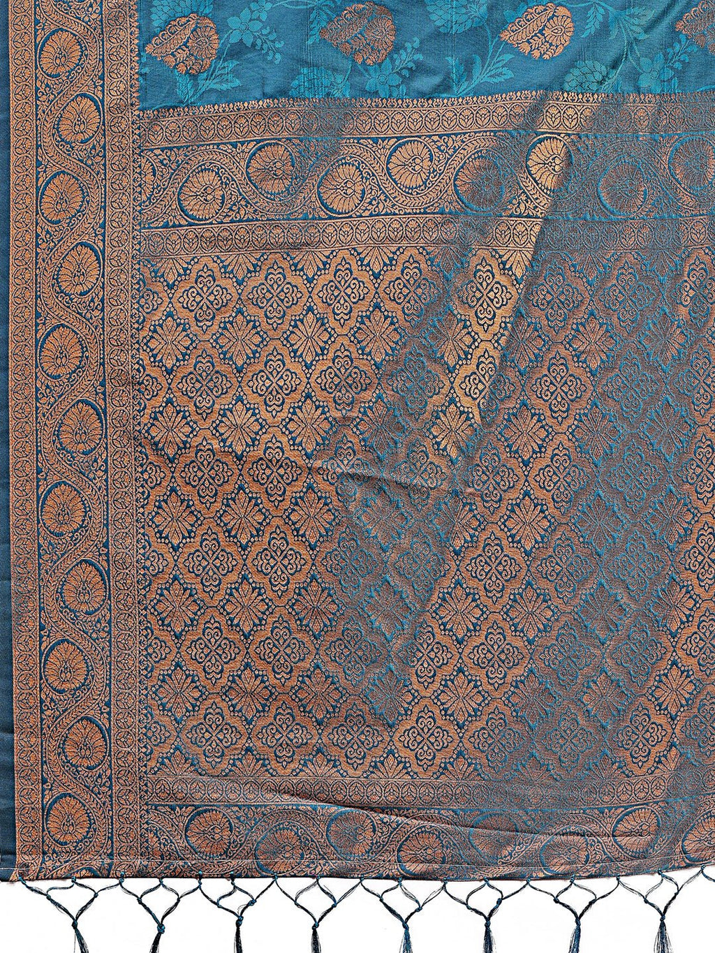 Majestic Teal Banarasi Silk Saree with Golden Zari Motifs