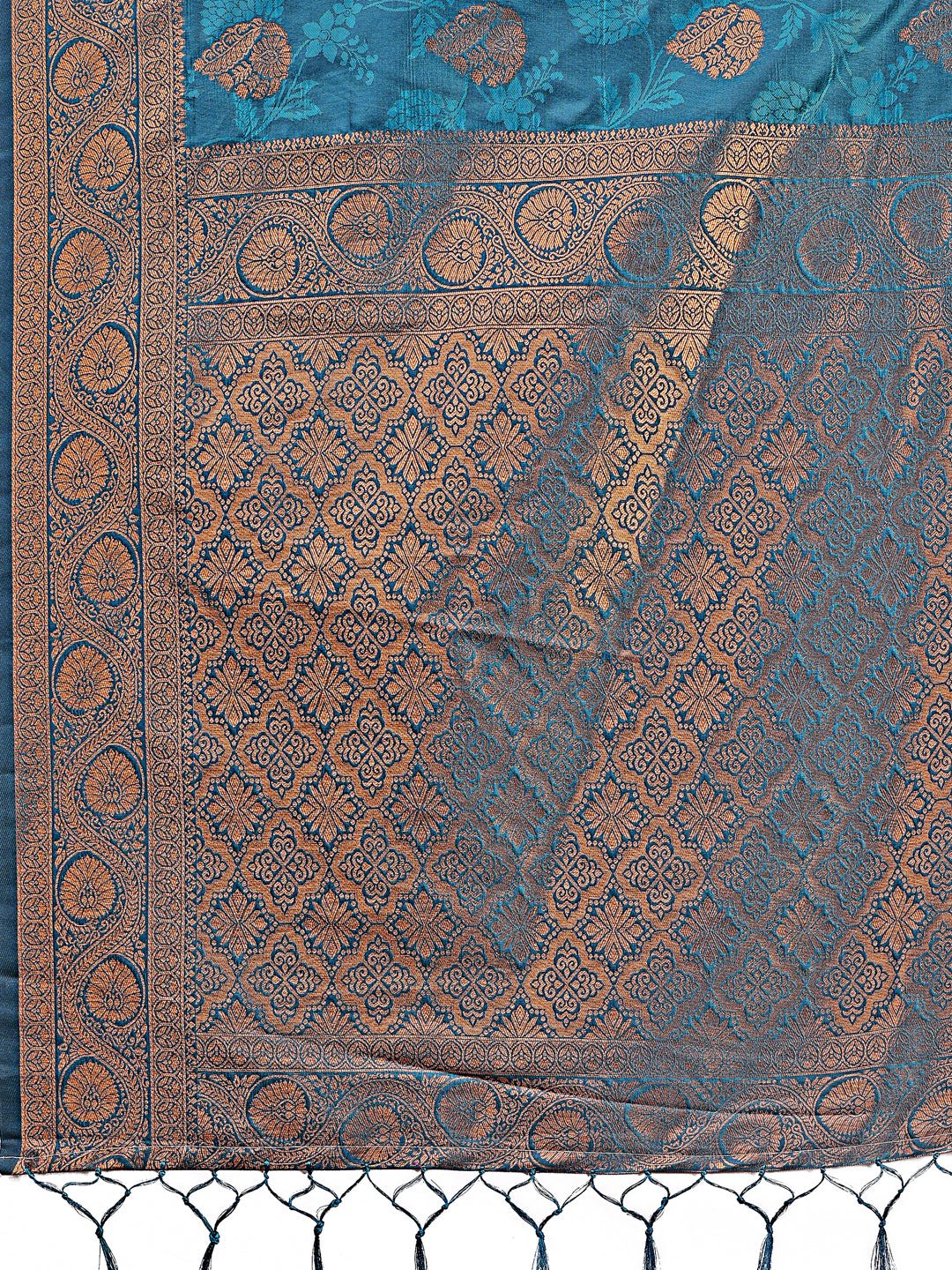 Majestic Teal Banarasi Silk Saree with Golden Zari Motifs