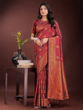 Majestic maroon Banarasi silk saree featuring intricate golden zari weave