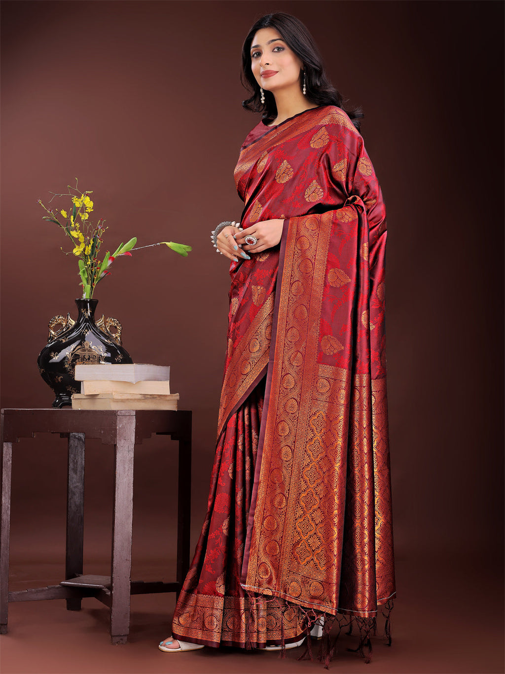 Majestic Maroon Banarasi Silk Saree with Golden Zari Motifs