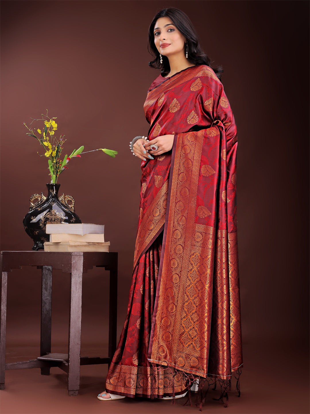Majestic Maroon Banarasi Silk Saree with Golden Zari Motifs