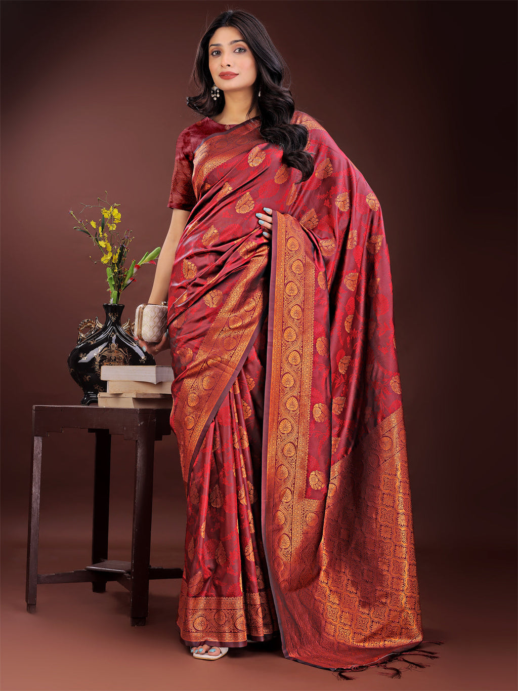 Majestic Maroon Banarasi Silk Saree with Golden Zari Motifs