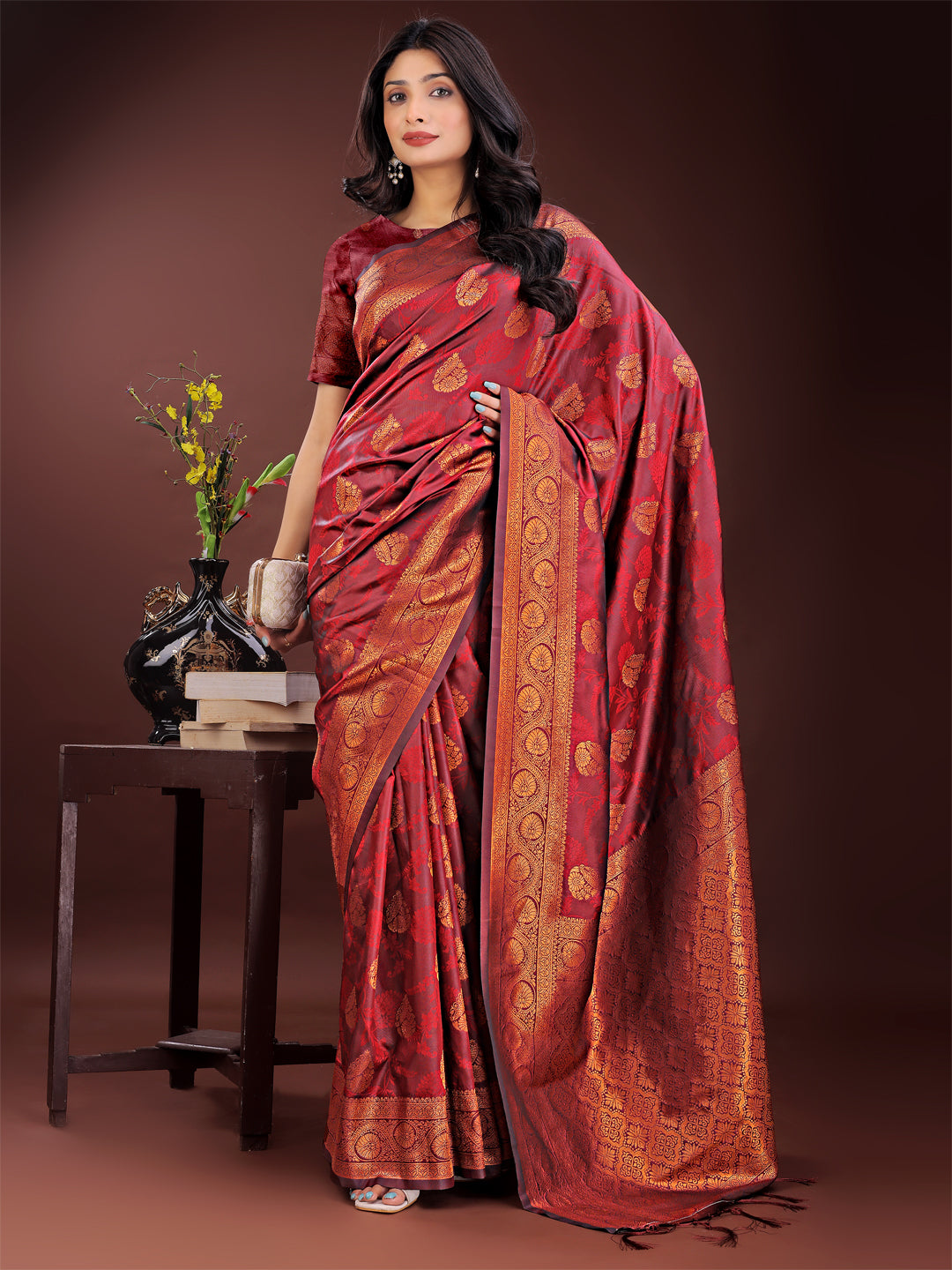 Majestic Maroon Banarasi Silk Saree with Golden Zari Motifs