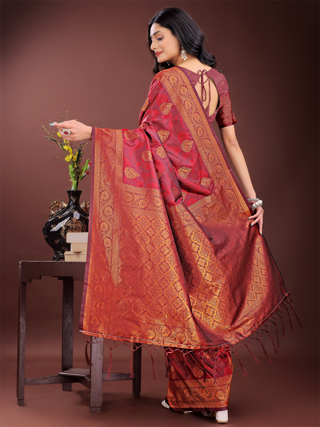 Majestic Maroon Banarasi Silk Saree with Golden Zari Motifs
