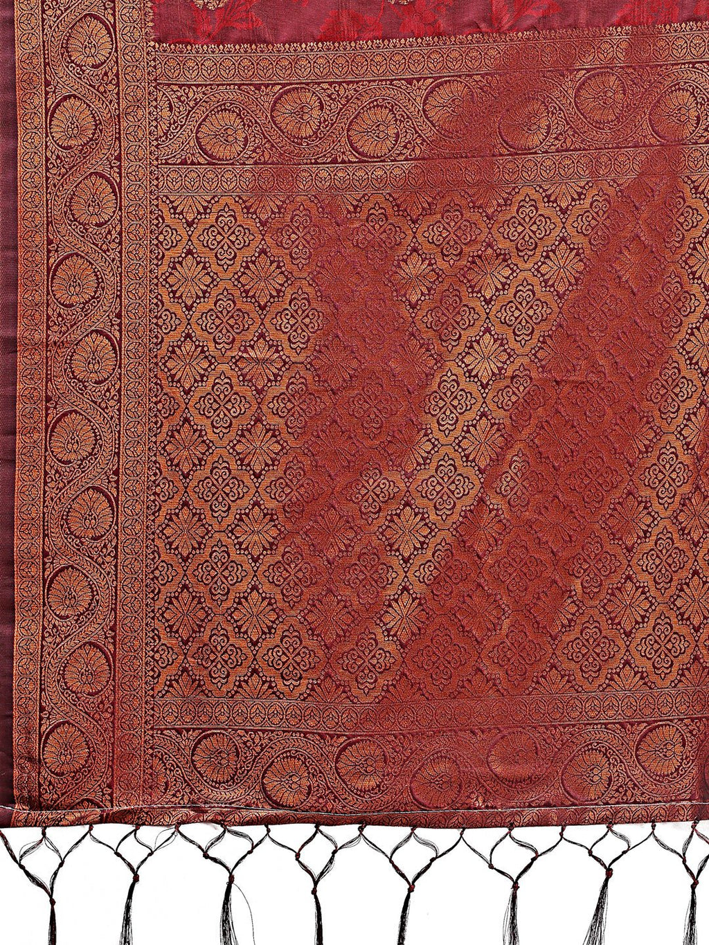 Majestic Maroon Banarasi Silk Saree with Golden Zari Motifs