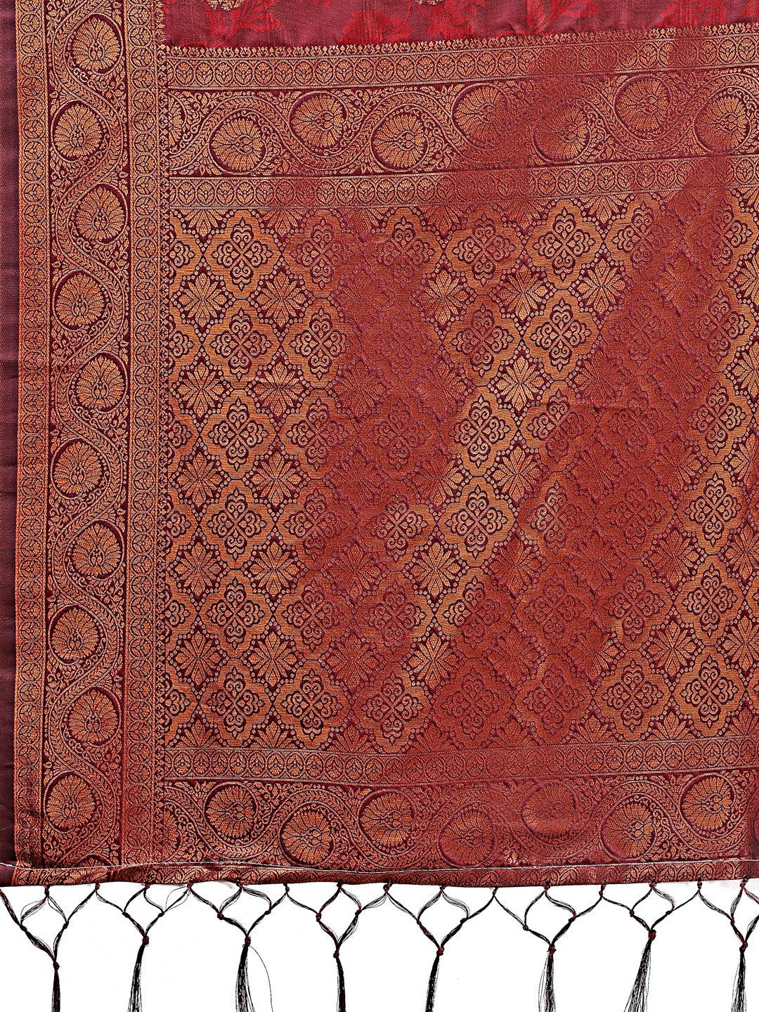 Majestic Maroon Banarasi Silk Saree with Golden Zari Motifs