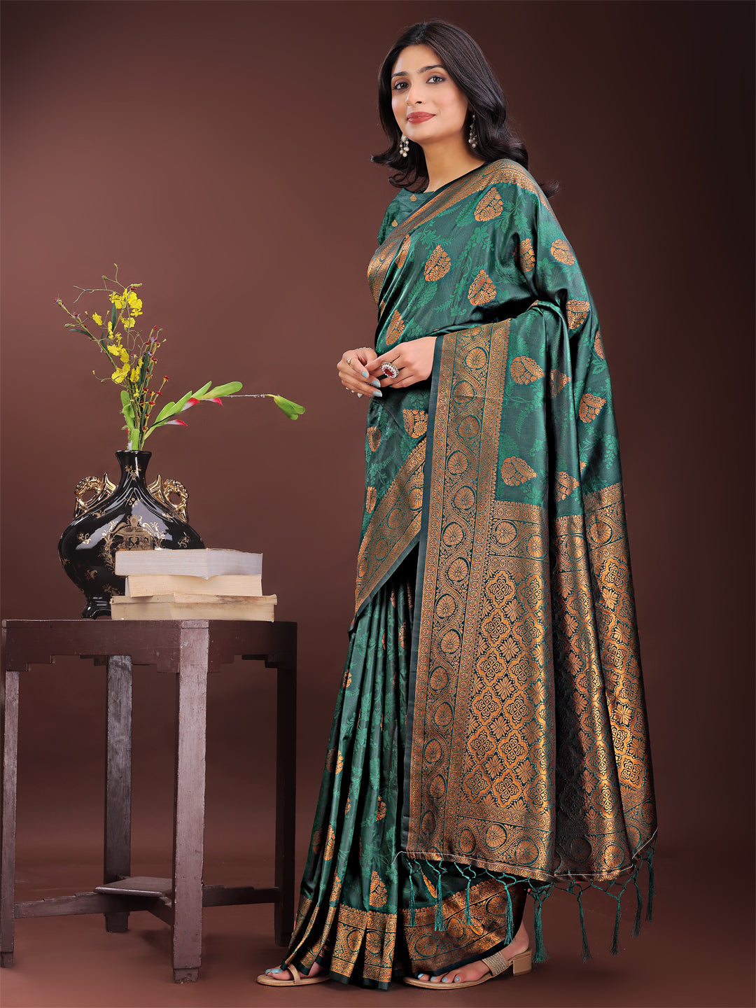 Majestic Dark Green Banarasi Silk Saree with Golden Zari